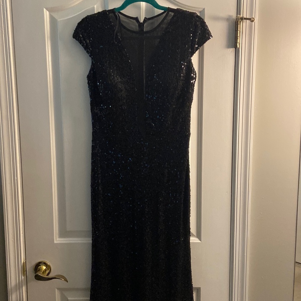 Black sequined dress with sheer panels, size 6
